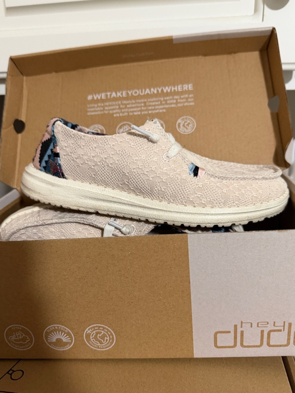 Hey Dude Lace-Textured Slip-On Sneakers in Light Pink with Patterned Heel